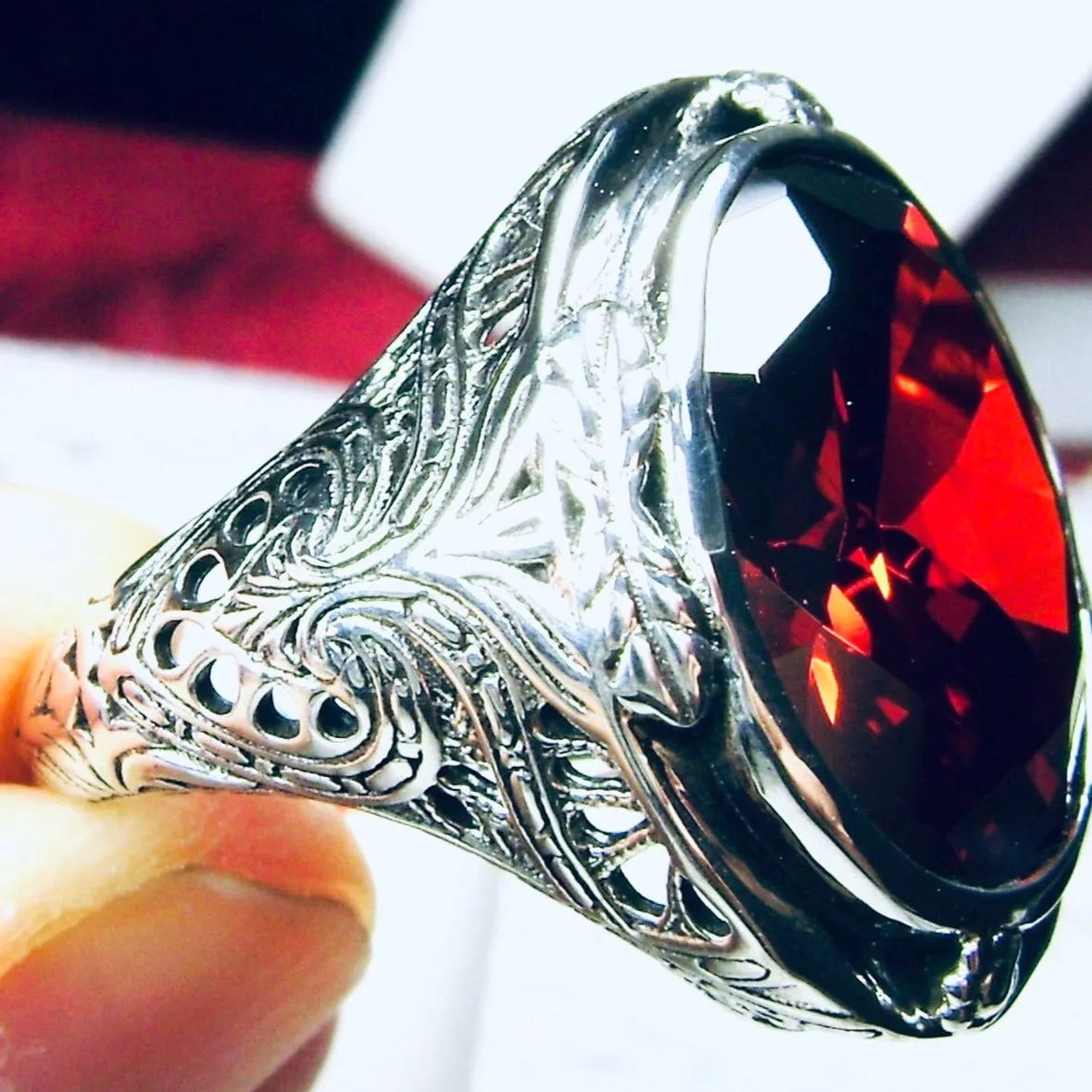 Garnet CZ Ring, Large Victorian Oval Ring, Vintage Jewelry Design#D2
