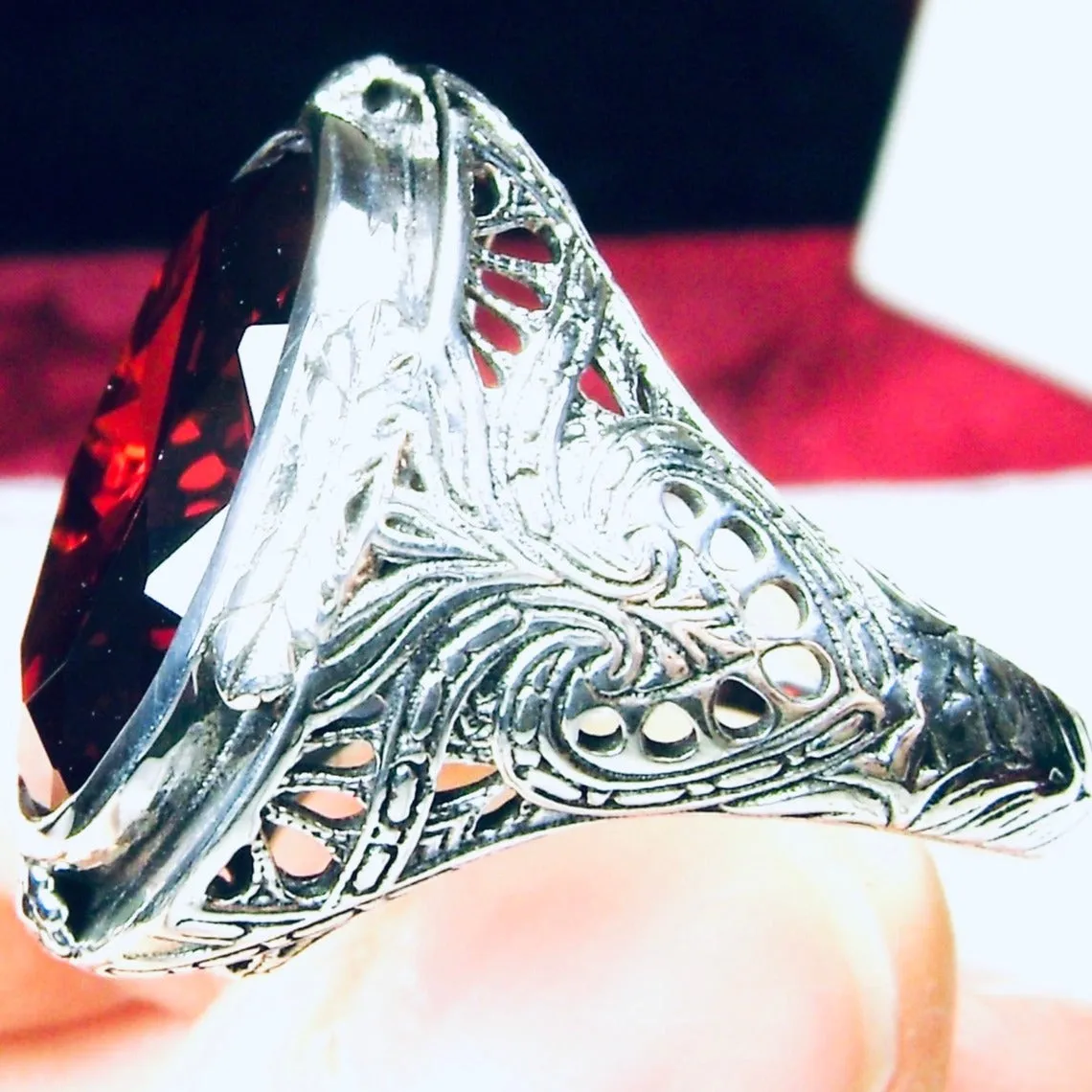 Garnet CZ Ring, Large Victorian Oval Ring, Vintage Jewelry Design#D2