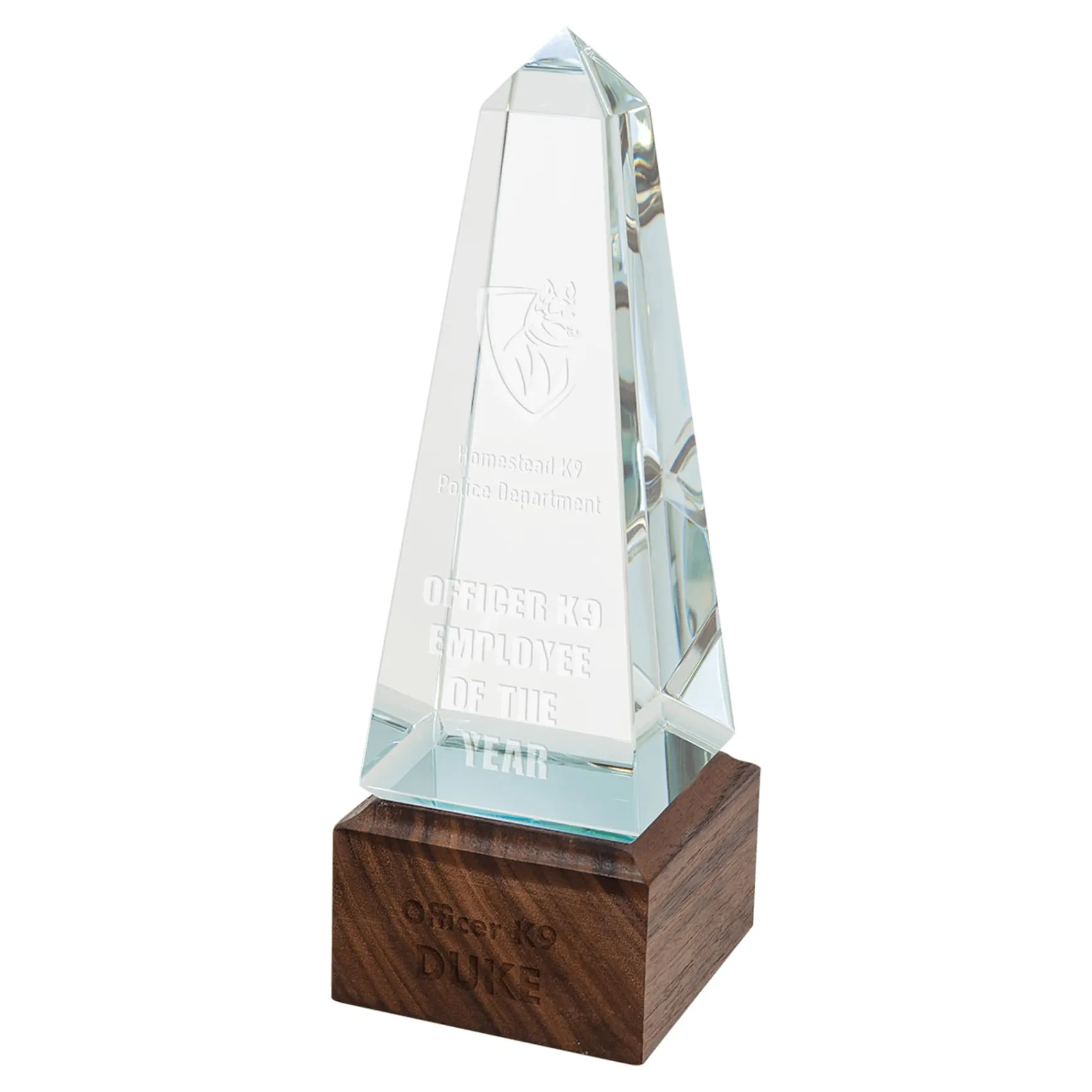 Glass Obelisk with Walnut Base