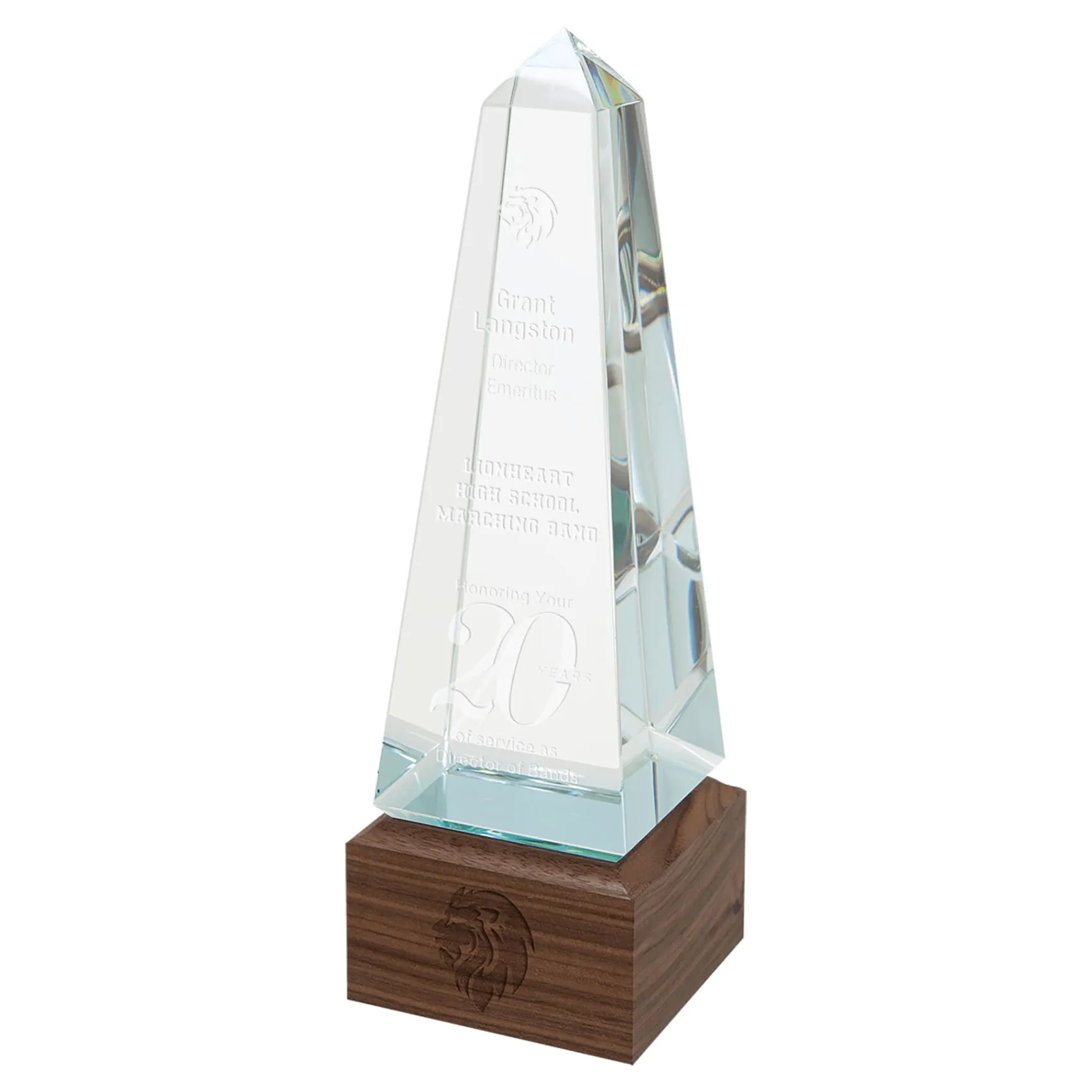 Glass Obelisk with Walnut Base