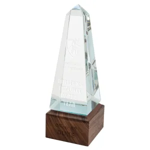 Glass Obelisk with Walnut Base