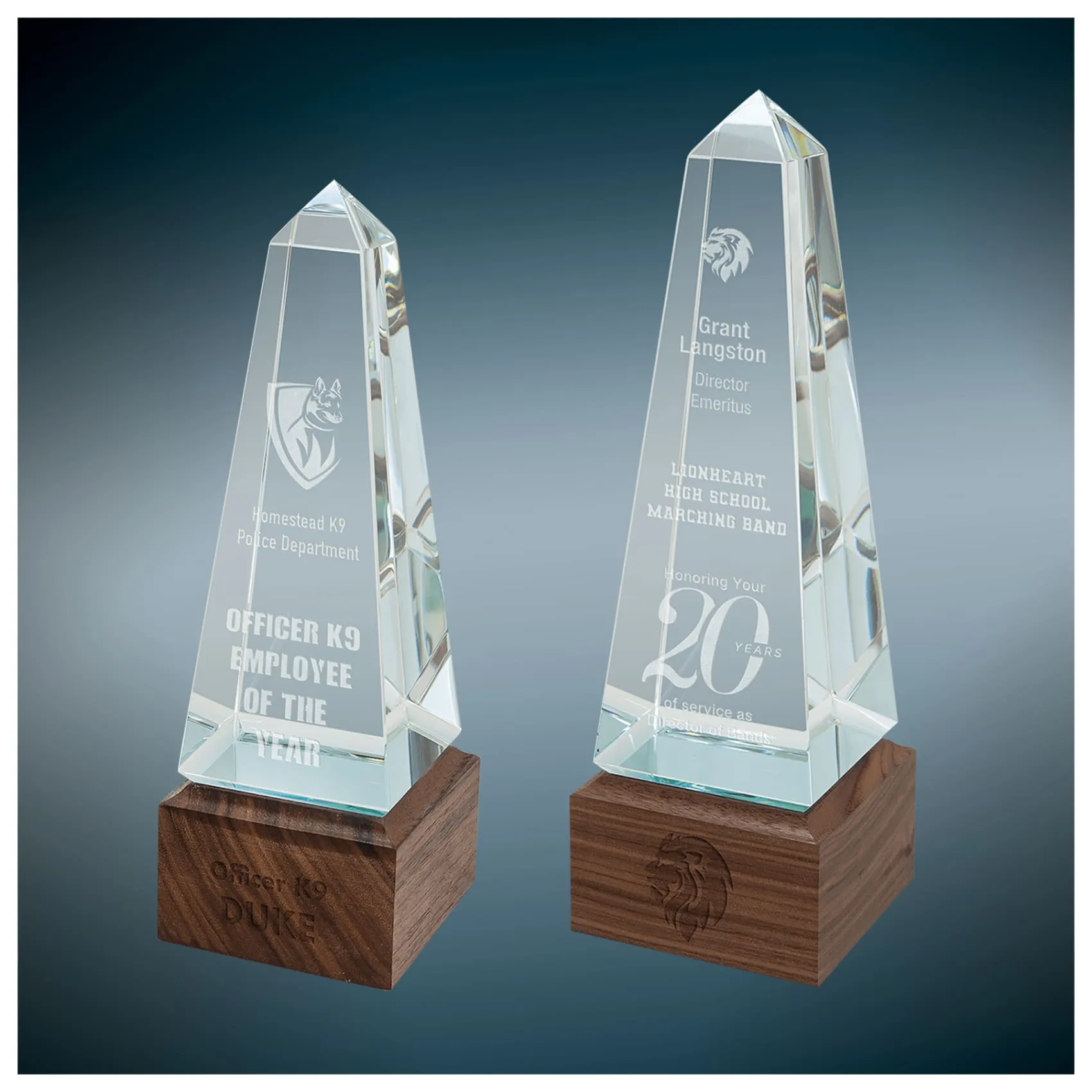 Glass Obelisk with Walnut Base