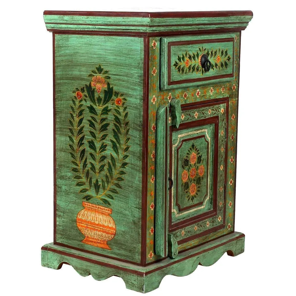 Green Floral Hand Painted Wooden Cabinet Nightstand