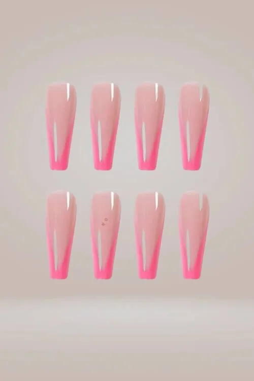 Hot Pink Long Coffin French Tip Press On Nails