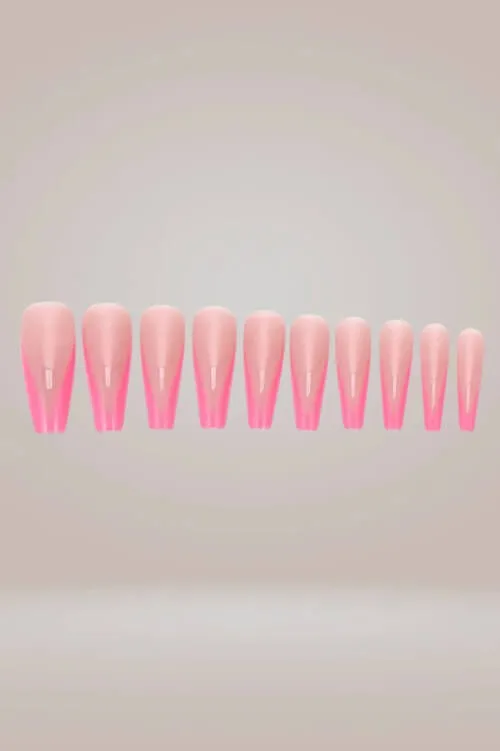 Hot Pink Long Coffin French Tip Press On Nails