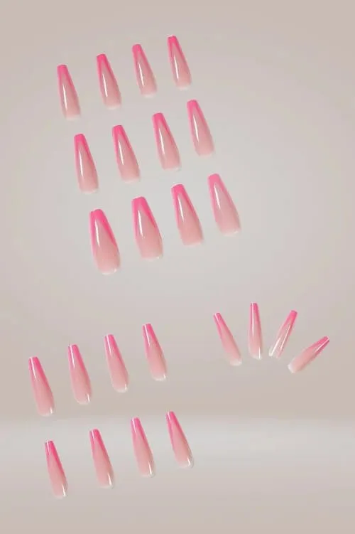 Hot Pink Long Coffin French Tip Press On Nails