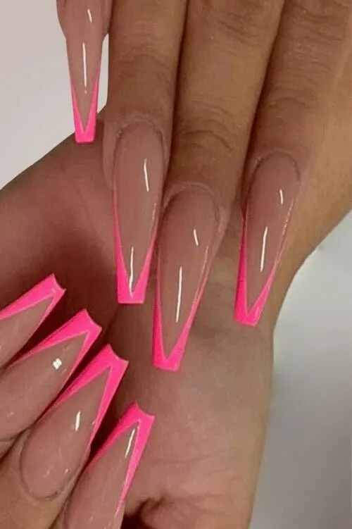 Hot Pink Long Coffin French Tip Press On Nails