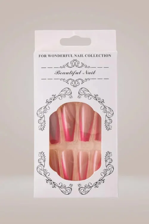 Hot Pink Long Coffin French Tip Press On Nails