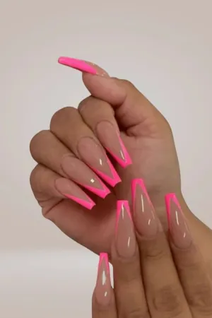 Hot Pink Long Coffin French Tip Press On Nails