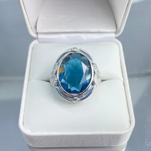 London Blue Topaz Ring, Large Oval Ring, Victorian Jewelry Design#D2