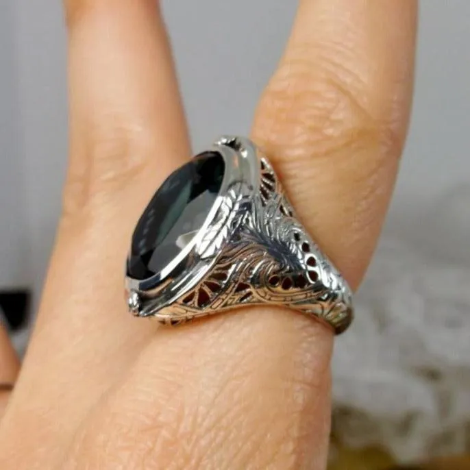 London Blue Topaz Ring, Size 7, Large Oval Ring, Victorian Jewelry Design#D2 - Ready to Ship