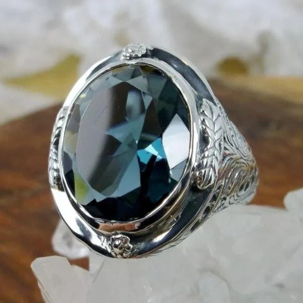 London Blue Topaz Ring, Size 7, Large Oval Ring, Victorian Jewelry Design#D2 - Ready to Ship