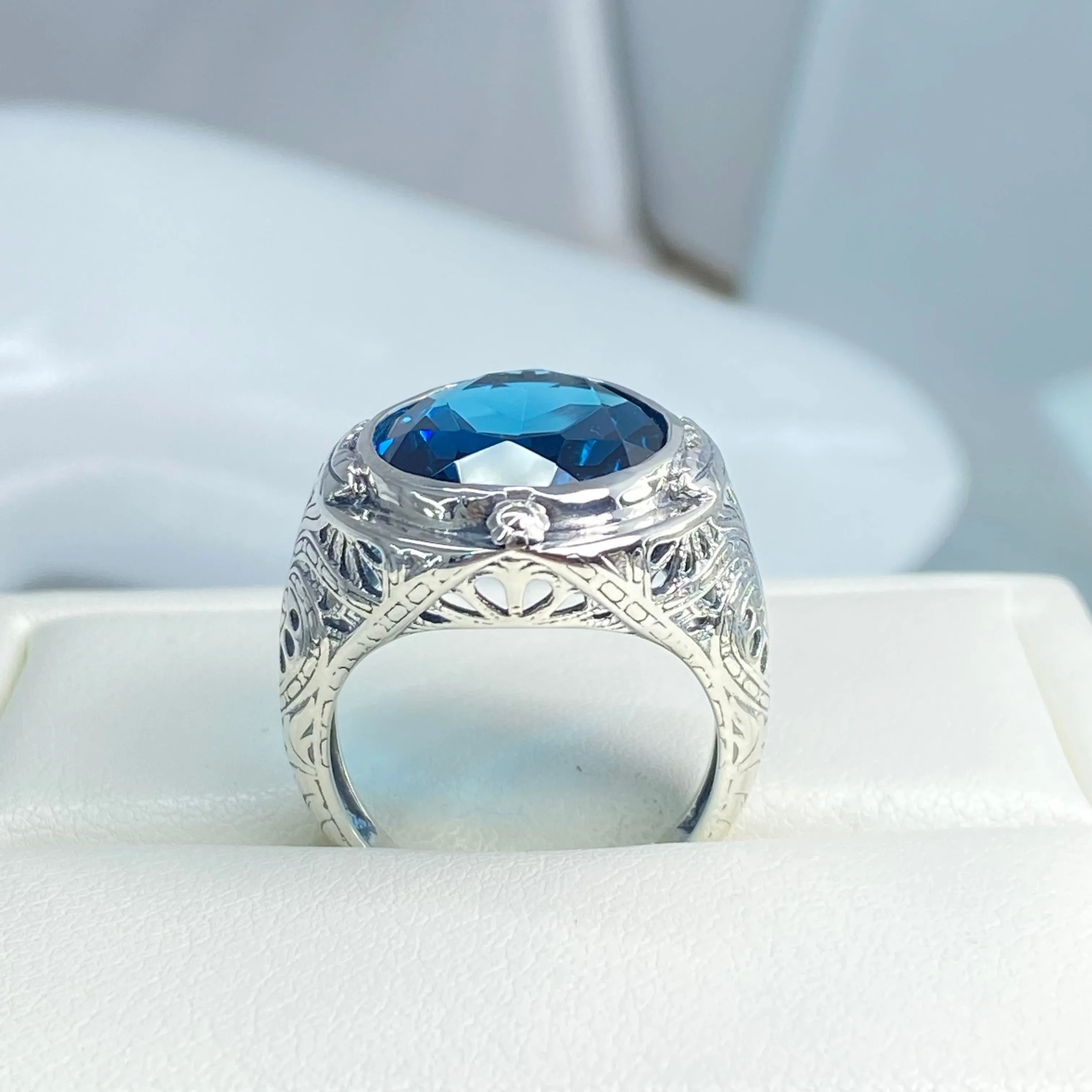 London Blue Topaz Ring, Size 7, Large Oval Ring, Victorian Jewelry Design#D2 - Ready to Ship