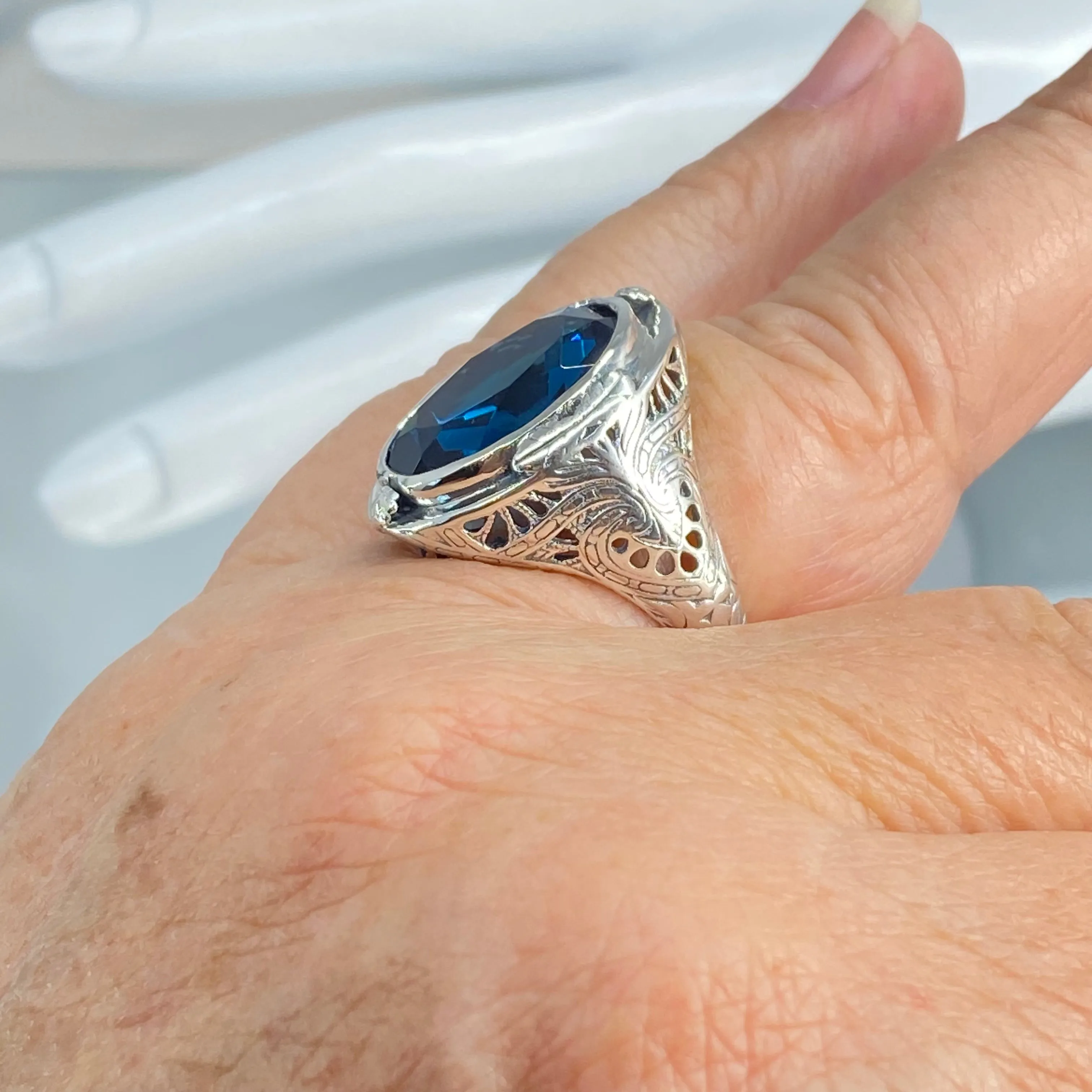 London Blue Topaz Ring, Size 7, Large Oval Ring, Victorian Jewelry Design#D2 - Ready to Ship