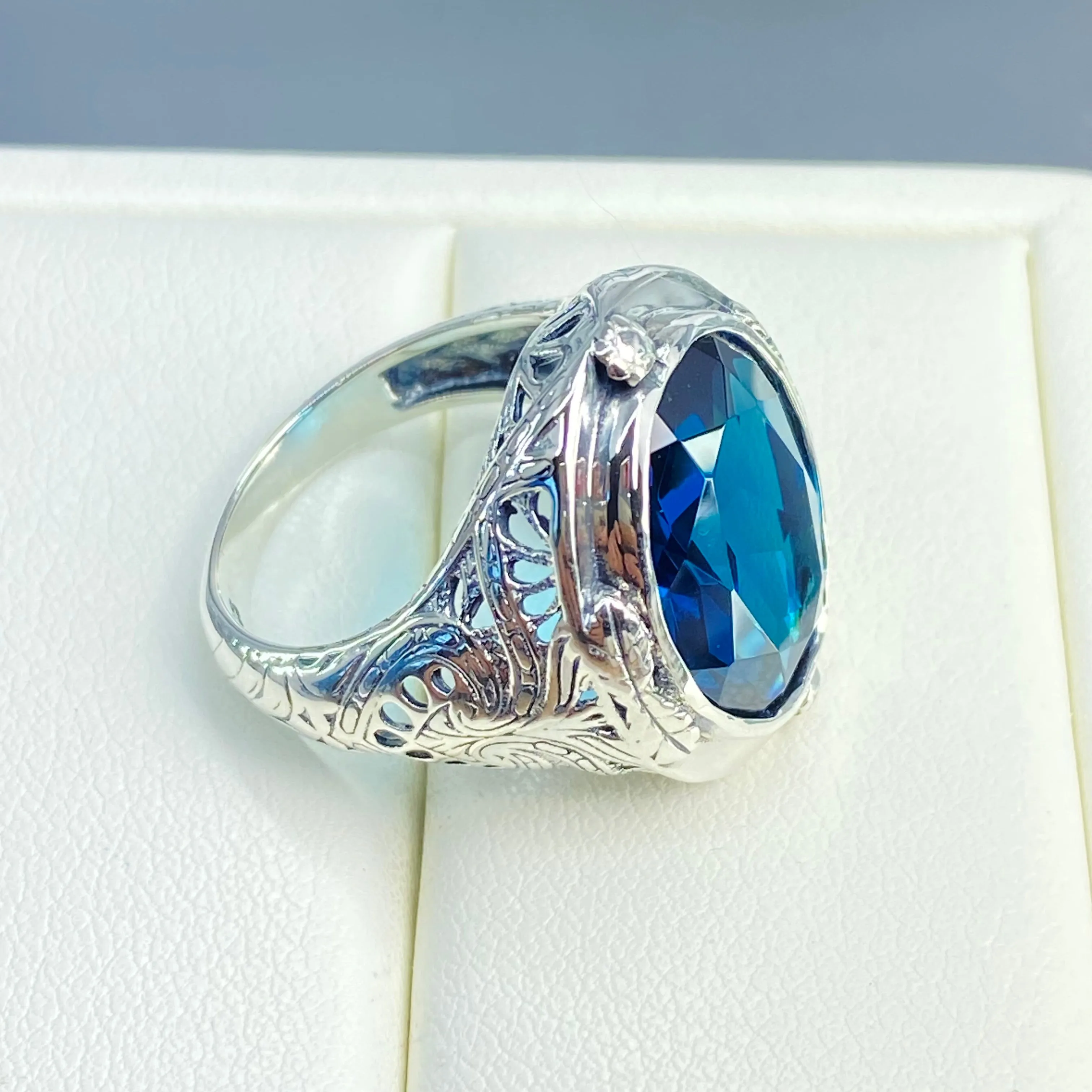 London Blue Topaz Ring, Size 7, Large Oval Ring, Victorian Jewelry Design#D2 - Ready to Ship