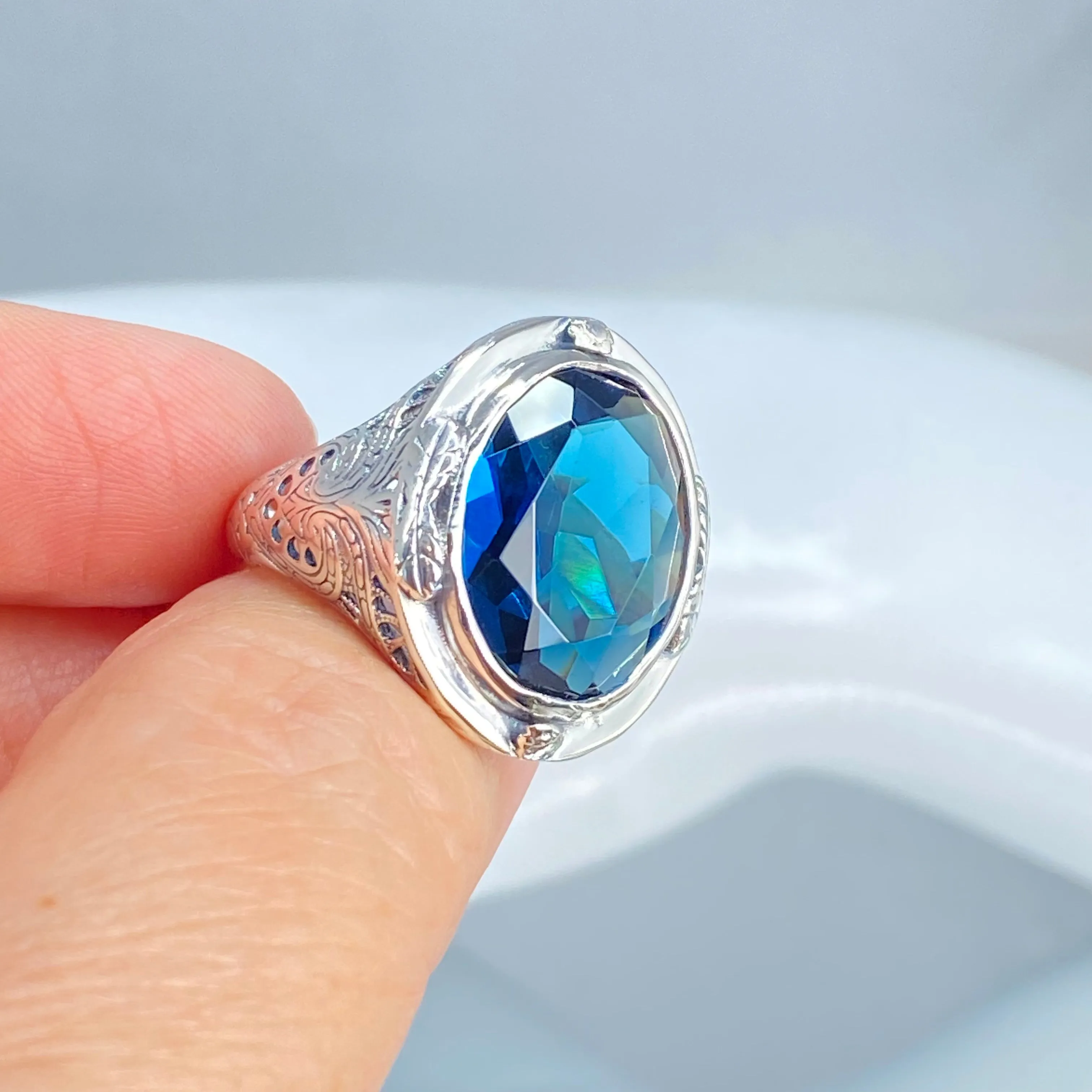 London Blue Topaz Ring, Size 7, Large Oval Ring, Victorian Jewelry Design#D2 - Ready to Ship