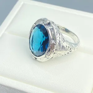 London Blue Topaz Ring, Size 8, Large Oval Ring, Victorian Jewelry Design#D2 - Ready to Ship