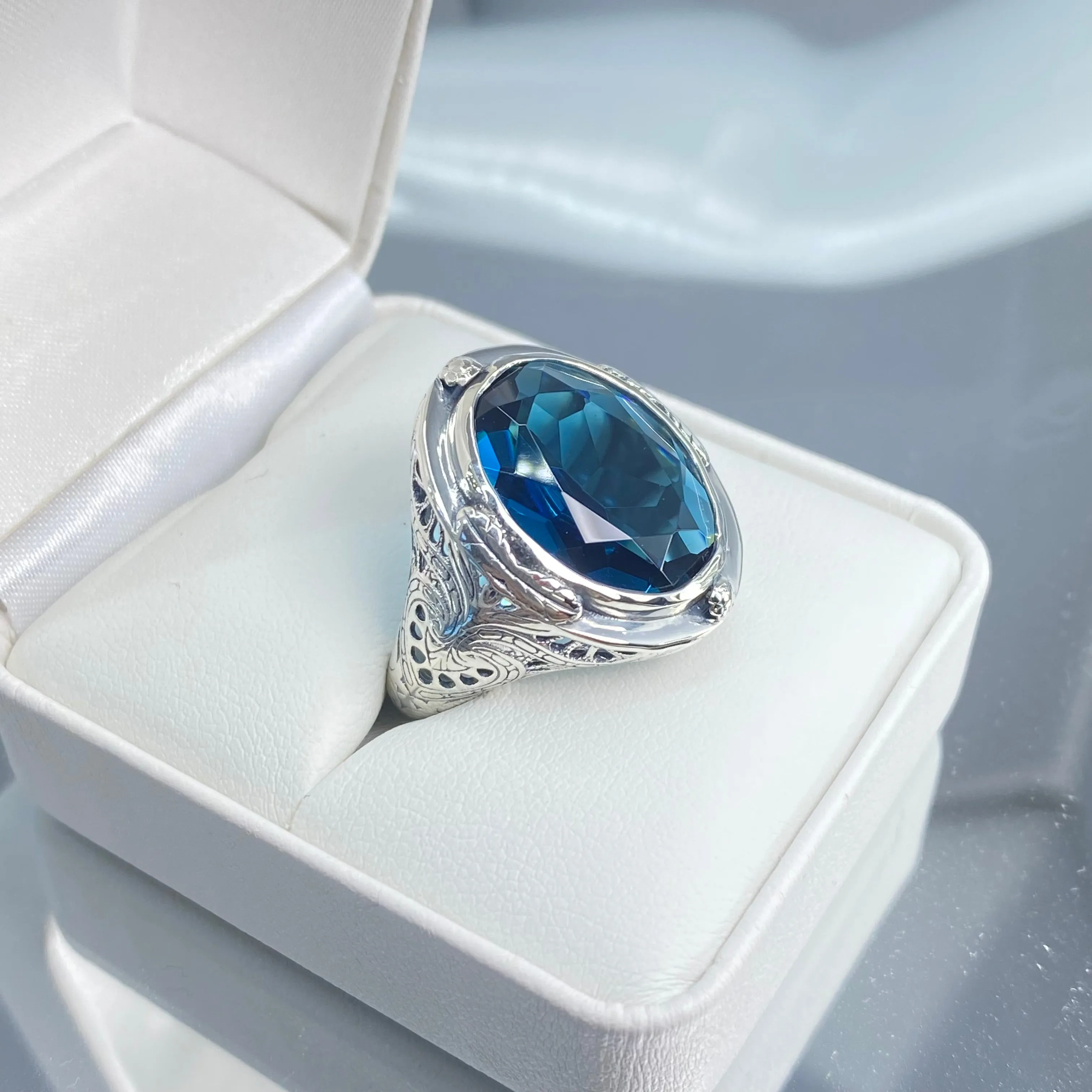 London Blue Topaz Ring, Size 8, Large Oval Ring, Victorian Jewelry Design#D2 - Ready to Ship