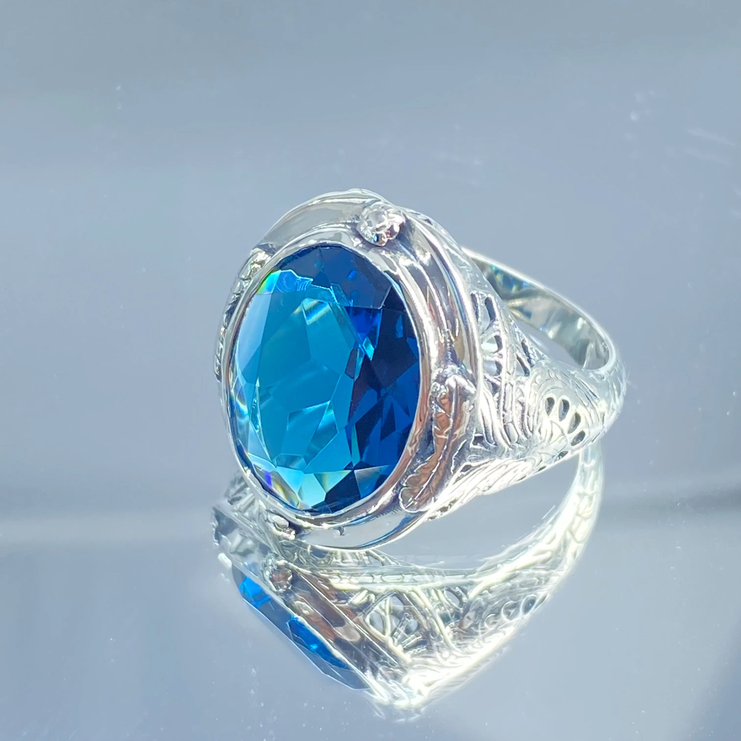 London Blue Topaz Ring, Size 8, Large Oval Ring, Victorian Jewelry Design#D2 - Ready to Ship