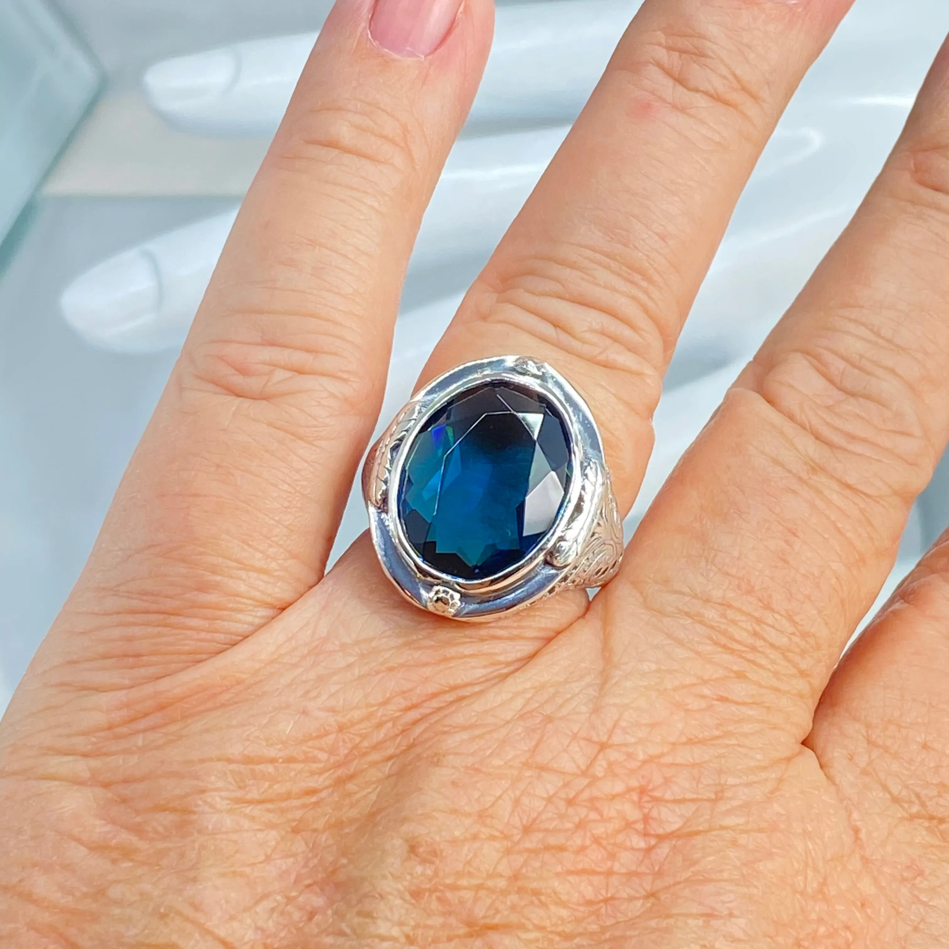 London Blue Topaz Ring, Size 8, Large Oval Ring, Victorian Jewelry Design#D2 - Ready to Ship