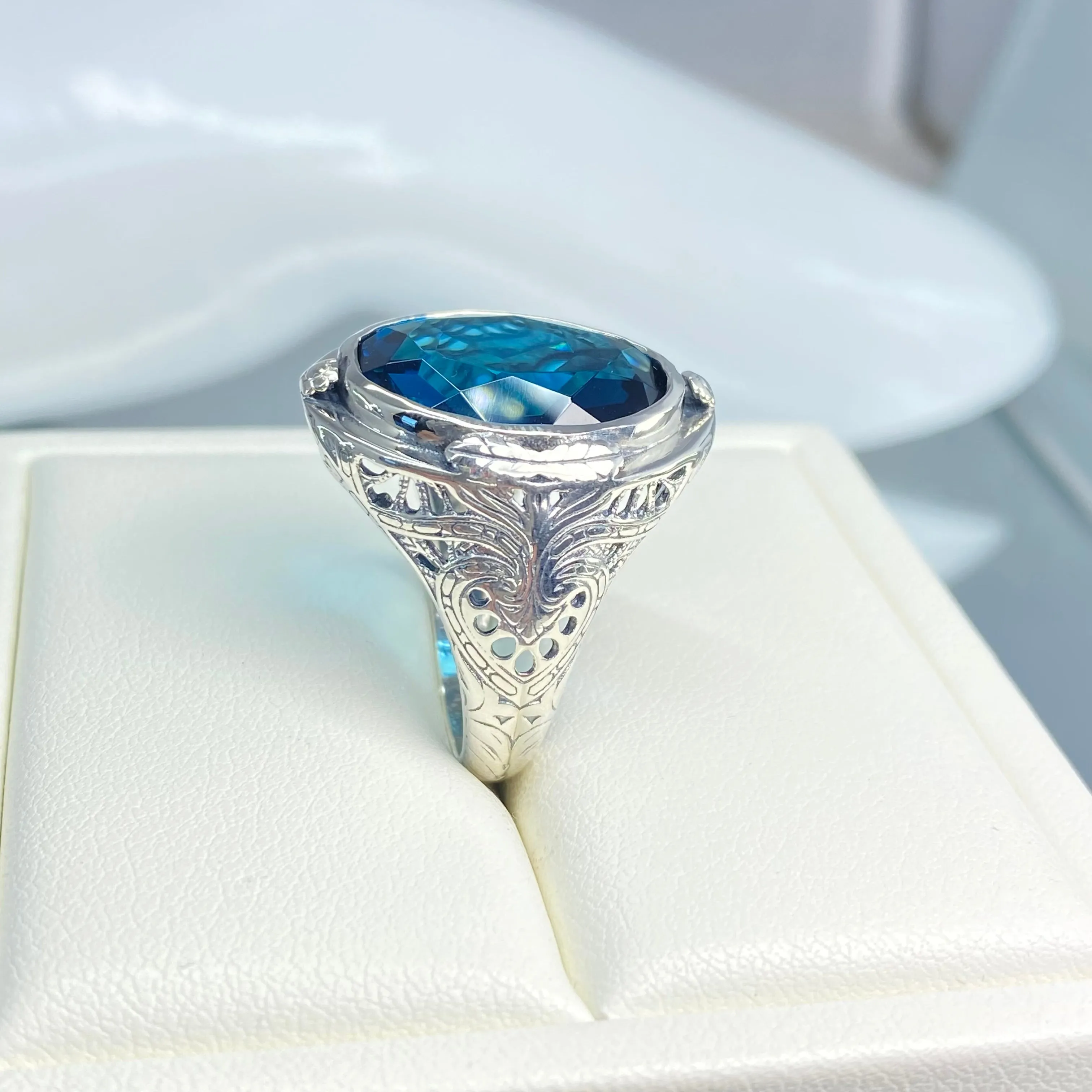 London Blue Topaz Ring, Size 8, Large Oval Ring, Victorian Jewelry Design#D2 - Ready to Ship