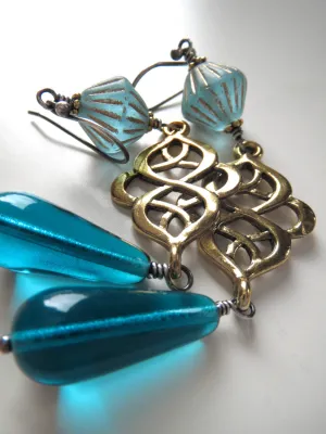 Long Gold Scroll Earrings with Aqua Glass Teadrops