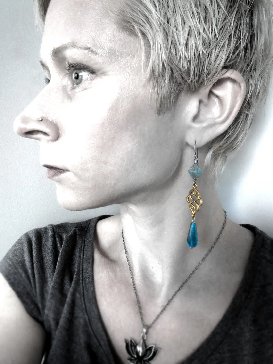 Long Gold Scroll Earrings with Aqua Glass Teadrops