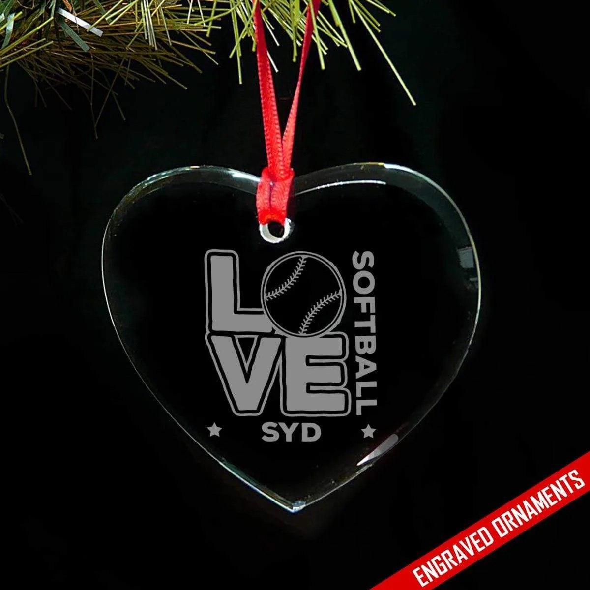 Love Softball CUSTOM Engraved Glass Ornament