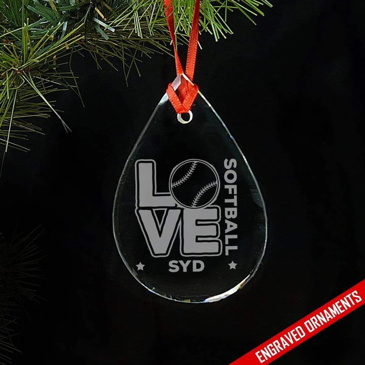Love Softball CUSTOM Engraved Glass Ornament