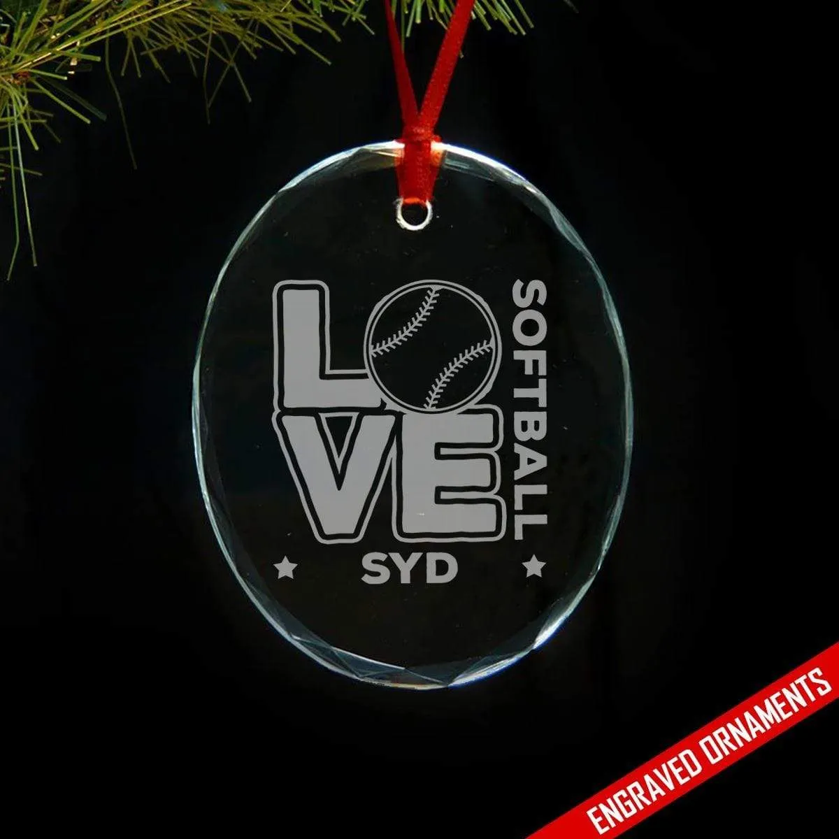 Love Softball CUSTOM Engraved Glass Ornament