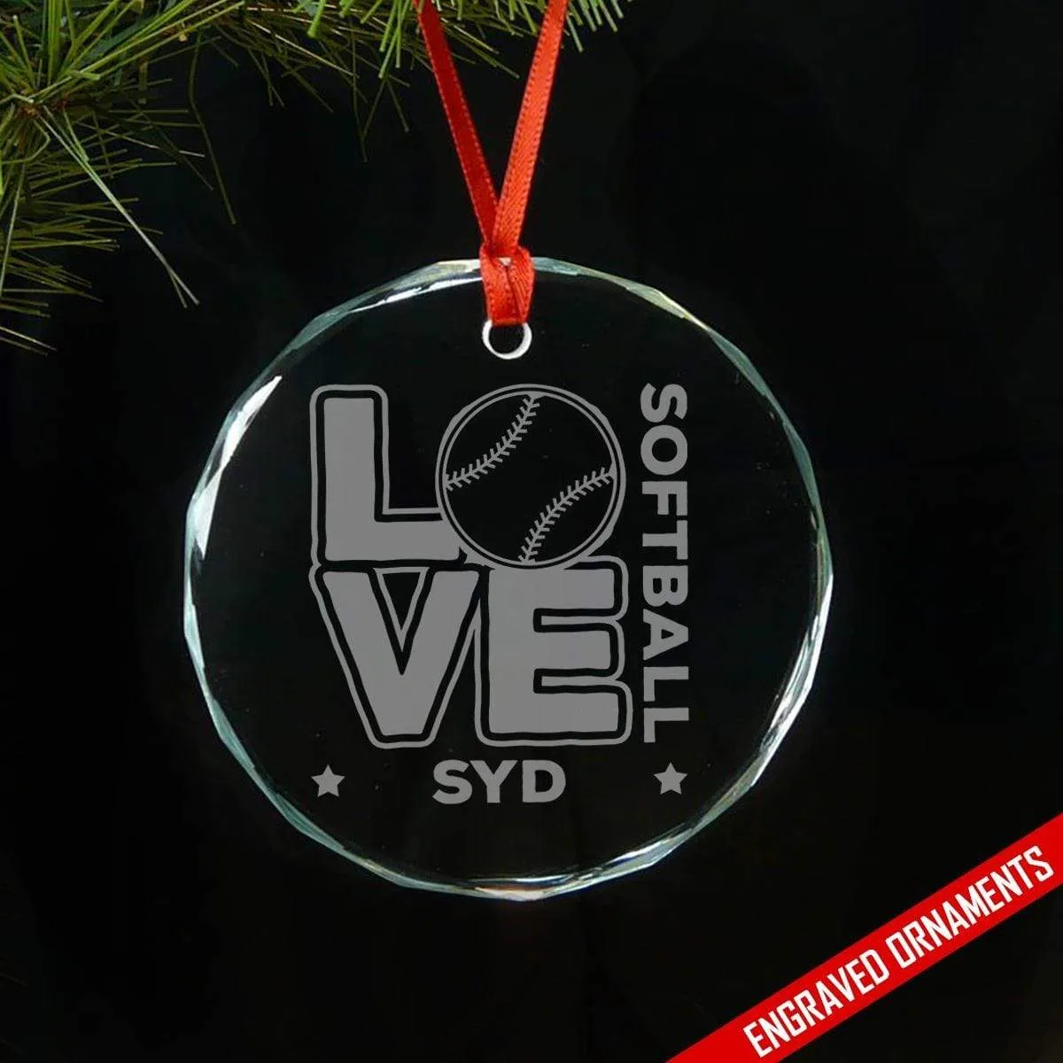 Love Softball CUSTOM Engraved Glass Ornament