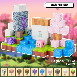 Magnetic Blocks Constructor, Sakura Island 112pcs, Wooden Constructor, Table Game, Wooden Cubes toys, Handmade Gift Idea, 3D puzzle, Kids Christmas Gift C54