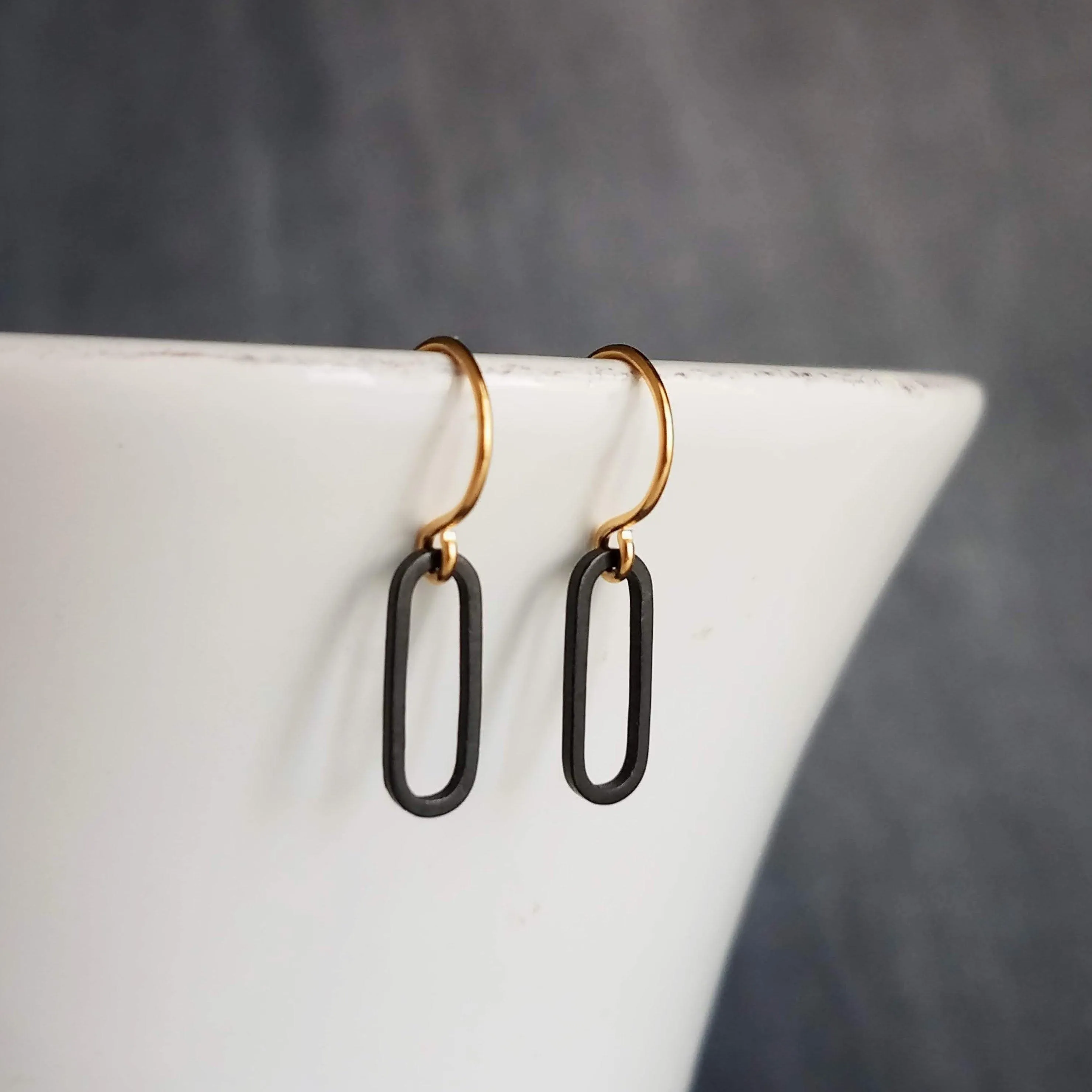 Matte Black Gold Earrings, small black earring, black oval earrings, black oblong earring, matte black oval earrings, little black earring