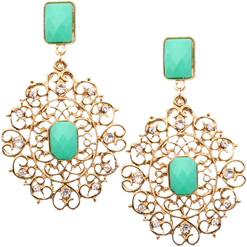 Mint Rhinestone Filigree Post Earrings