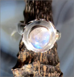 Modern Sterling Rainbow Moonstone Disk Ring