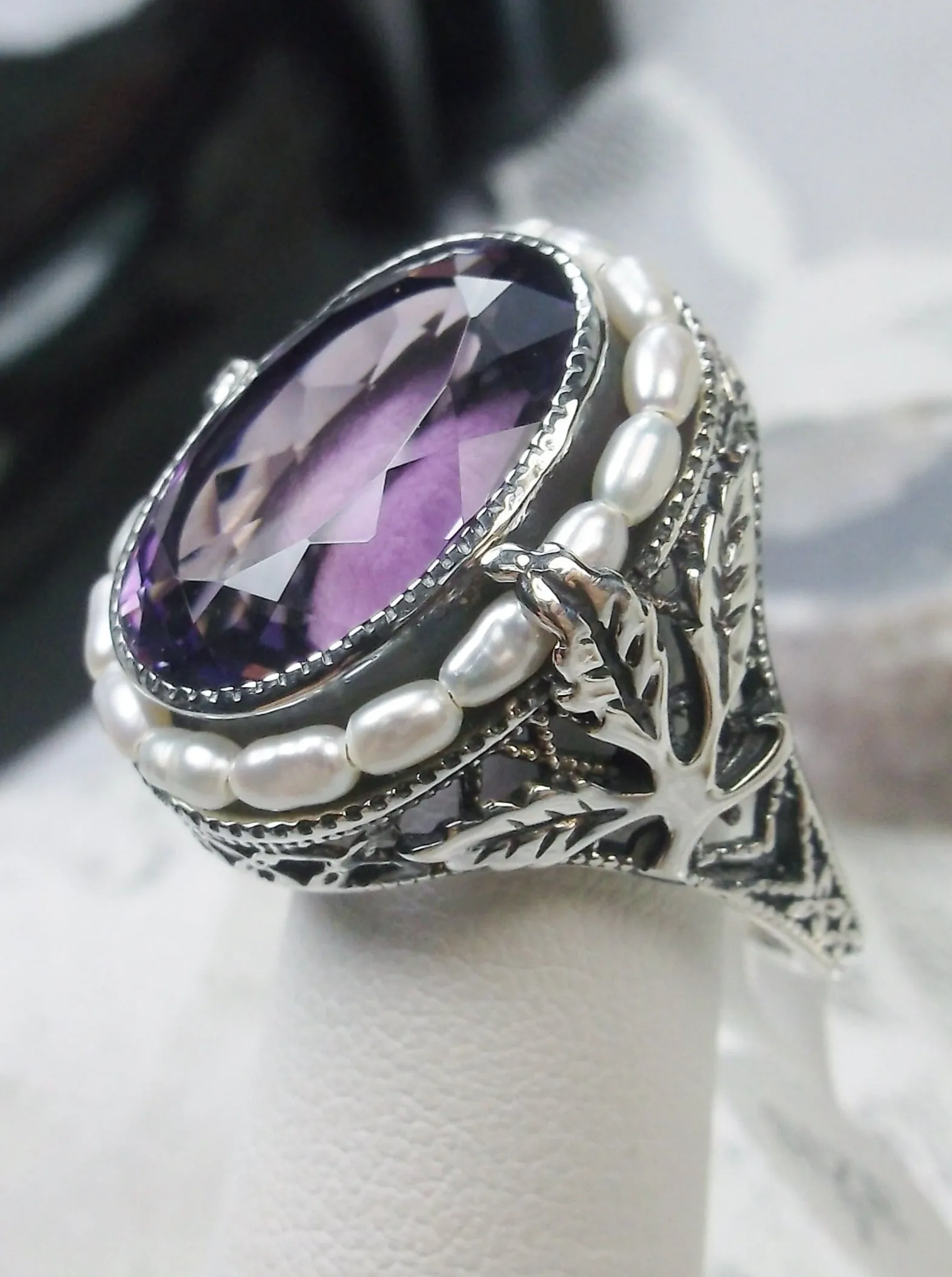 Natural Amethyst Ring, Garden Leaf Silver Filigree, Victorian Jewelry #D156