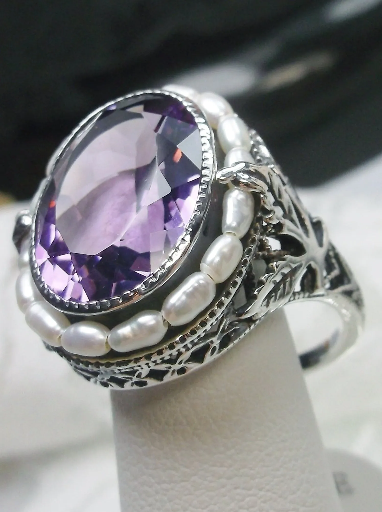 Natural Amethyst Ring, Garden Leaf Silver Filigree, Victorian Jewelry #D156