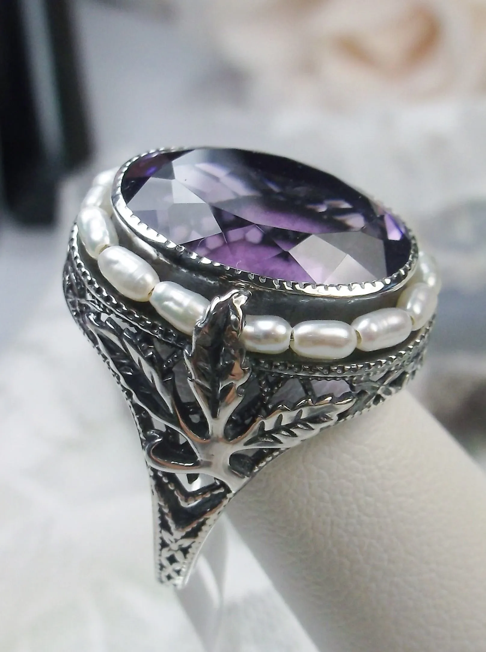 Natural Amethyst Ring, Garden Leaf Silver Filigree, Victorian Jewelry #D156