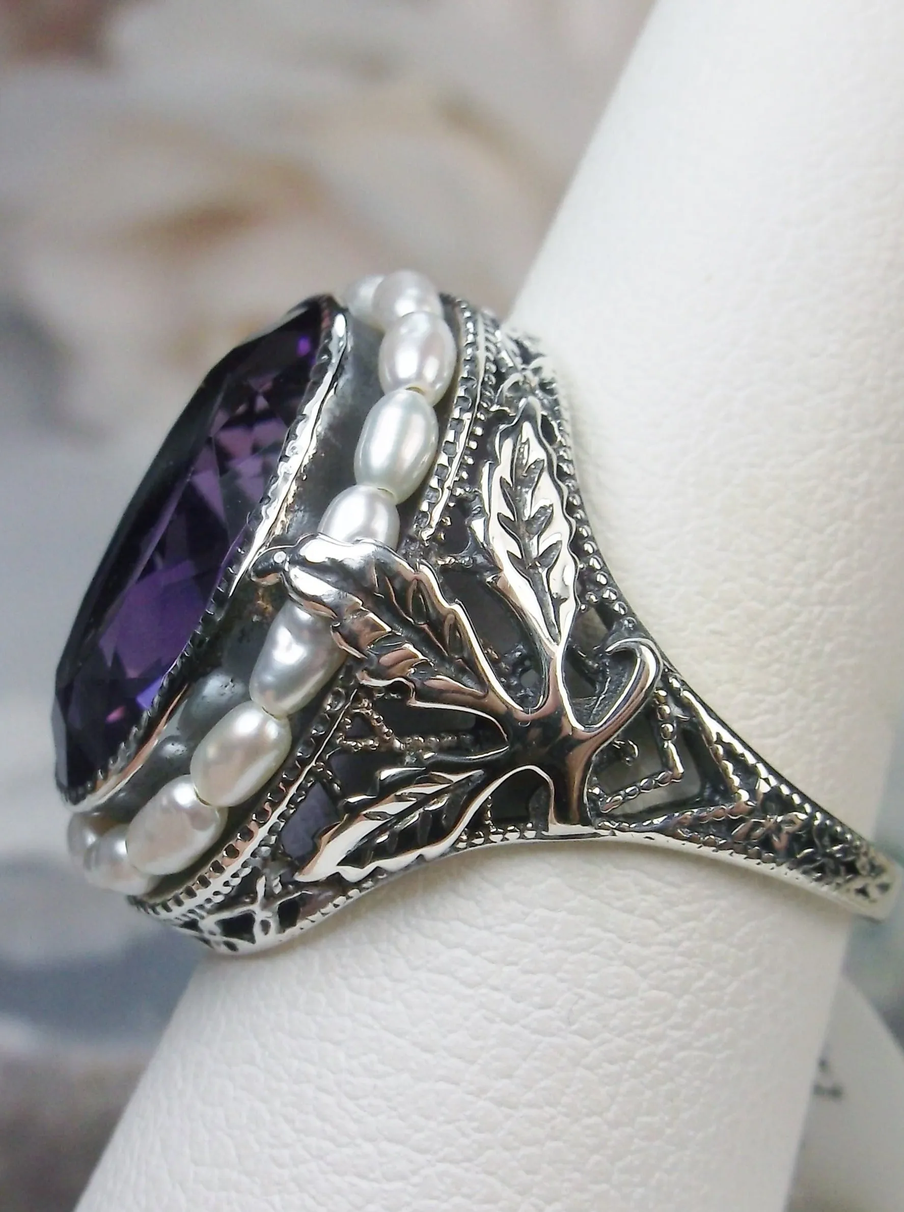 Natural Amethyst Ring, Garden Leaf Silver Filigree, Victorian Jewelry #D156