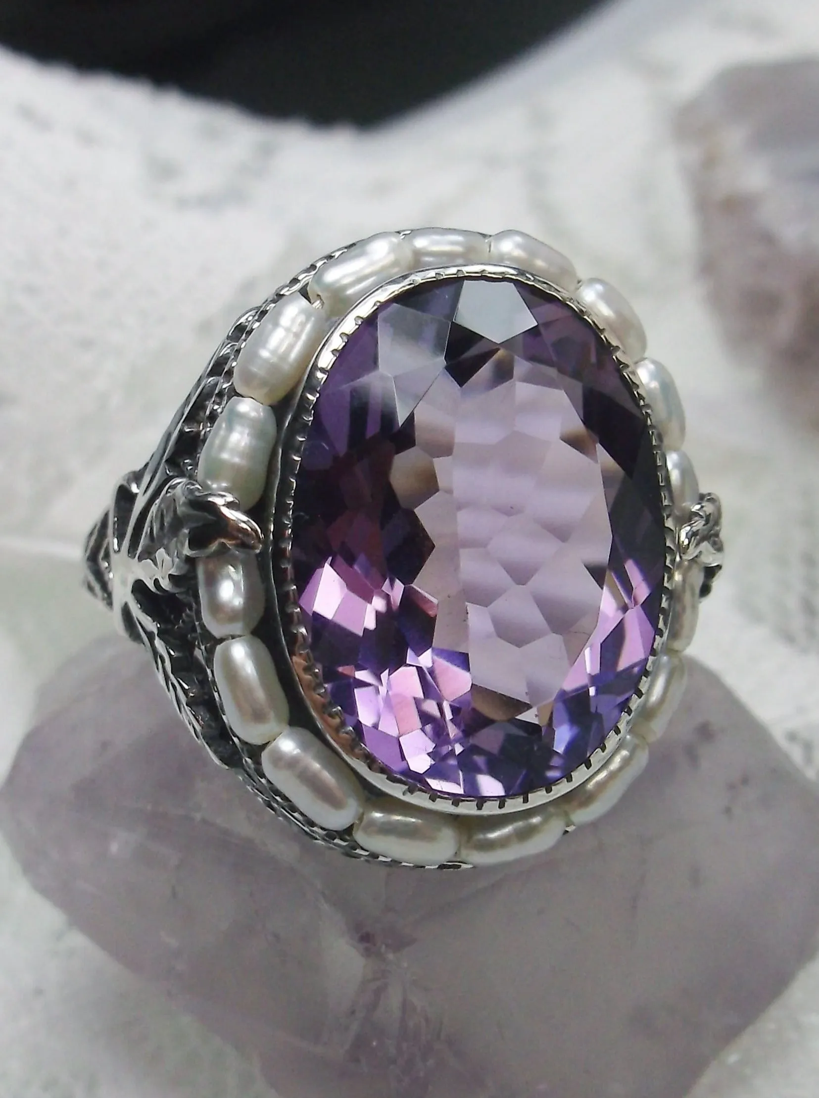 Natural Amethyst Ring, Garden Leaf Silver Filigree, Victorian Jewelry #D156