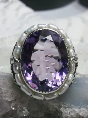 Natural Amethyst Ring, Garden Leaf Silver Filigree, Victorian Jewelry #D156