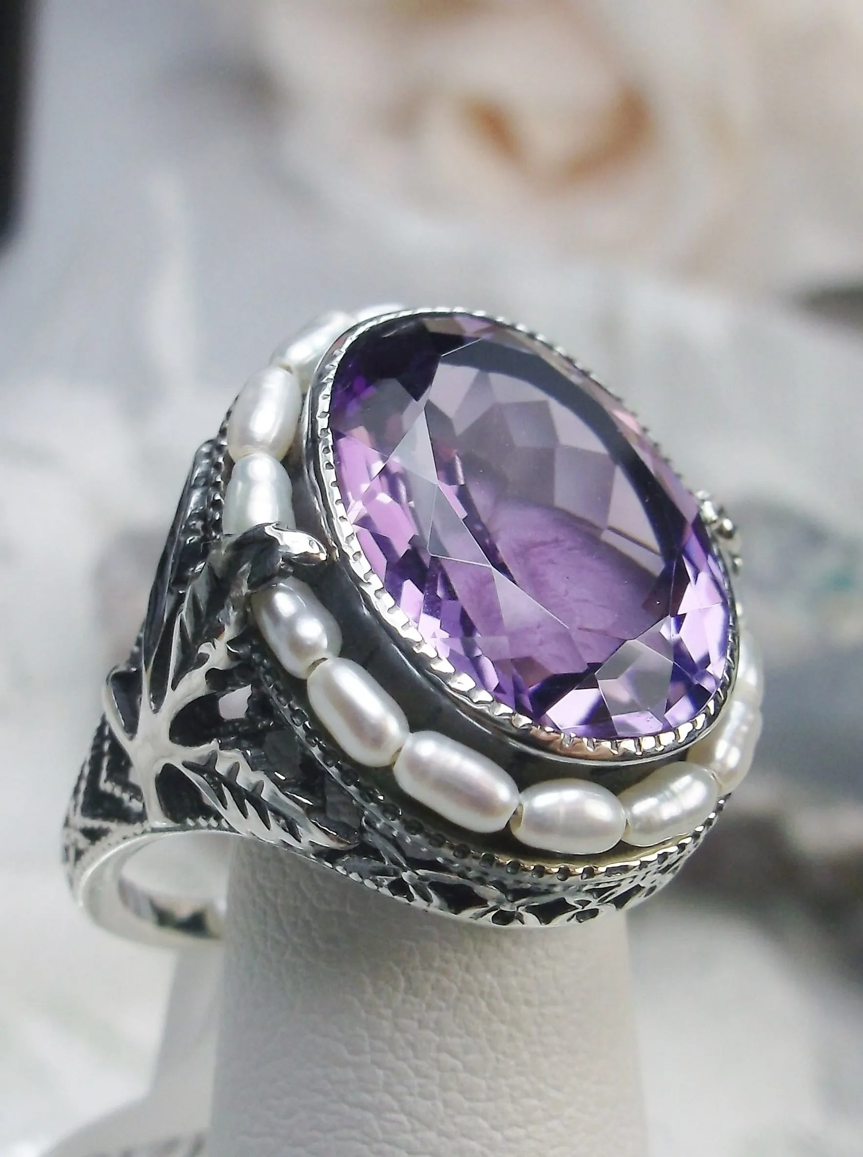 Natural Amethyst Ring, Garden Leaf Silver Filigree, Victorian Jewelry #D156