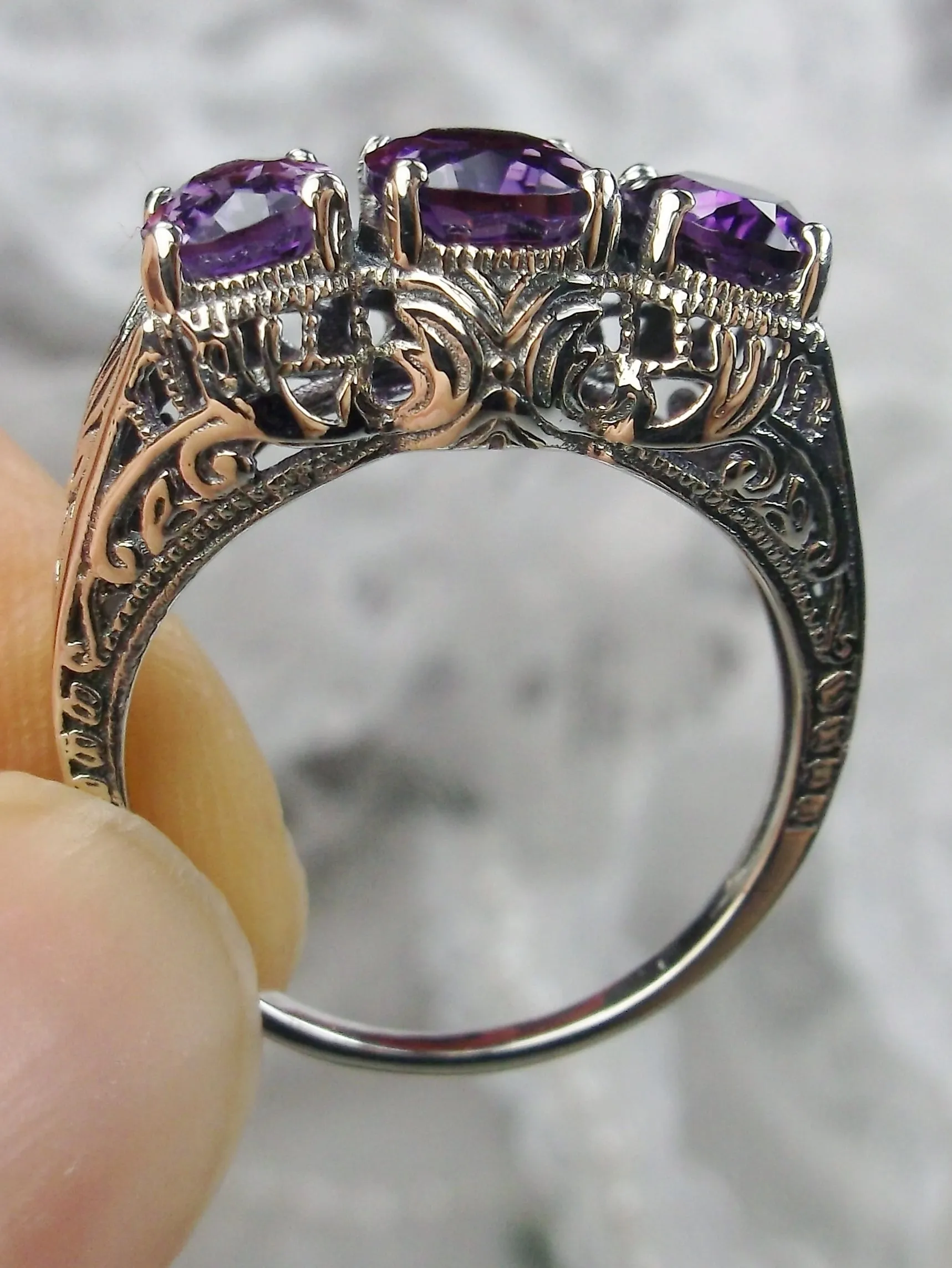 Natural Amethyst Ring, Trinity (3 Gem) Ring, Art Deco Jewelry #D41