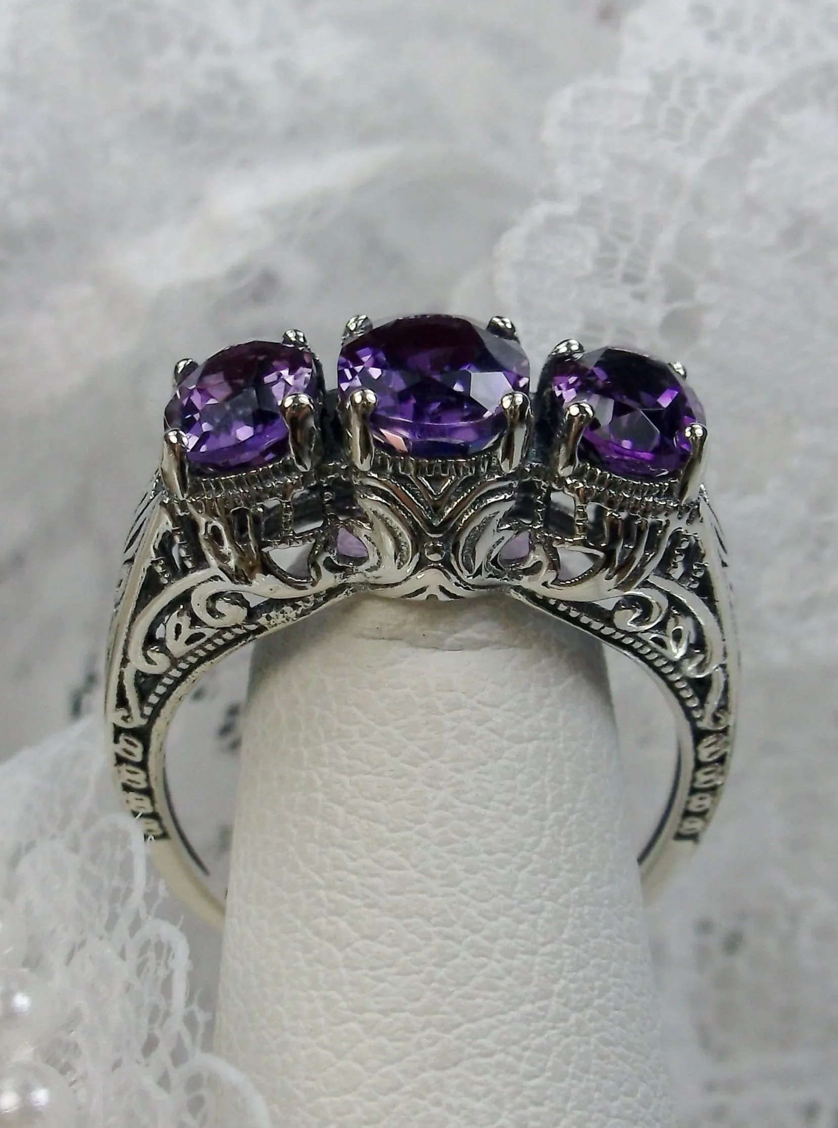 Natural Amethyst Ring, Trinity (3 Gem) Ring, Art Deco Jewelry #D41