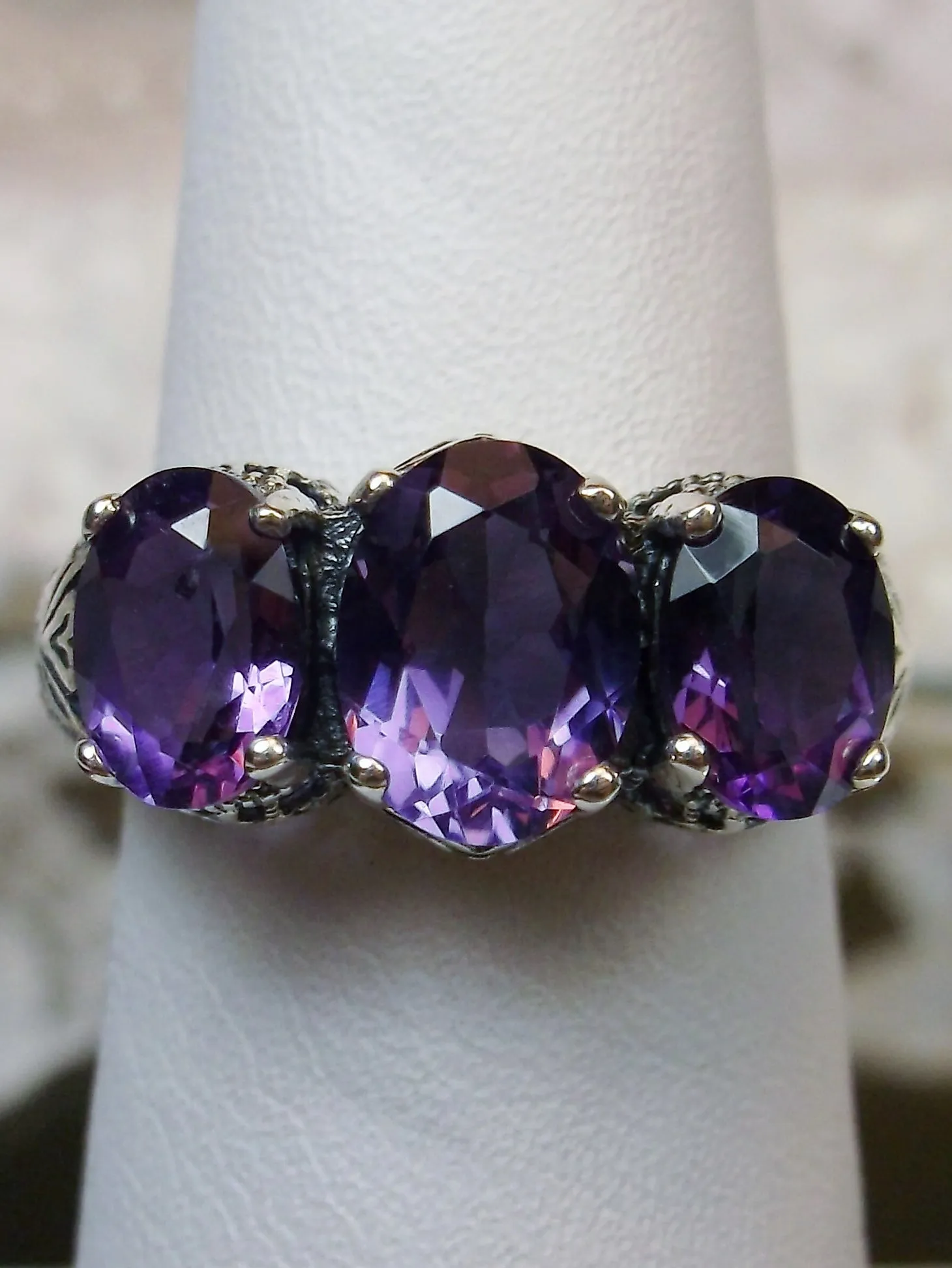 Natural Amethyst Ring, Trinity (3 Gem) Ring, Art Deco Jewelry #D41