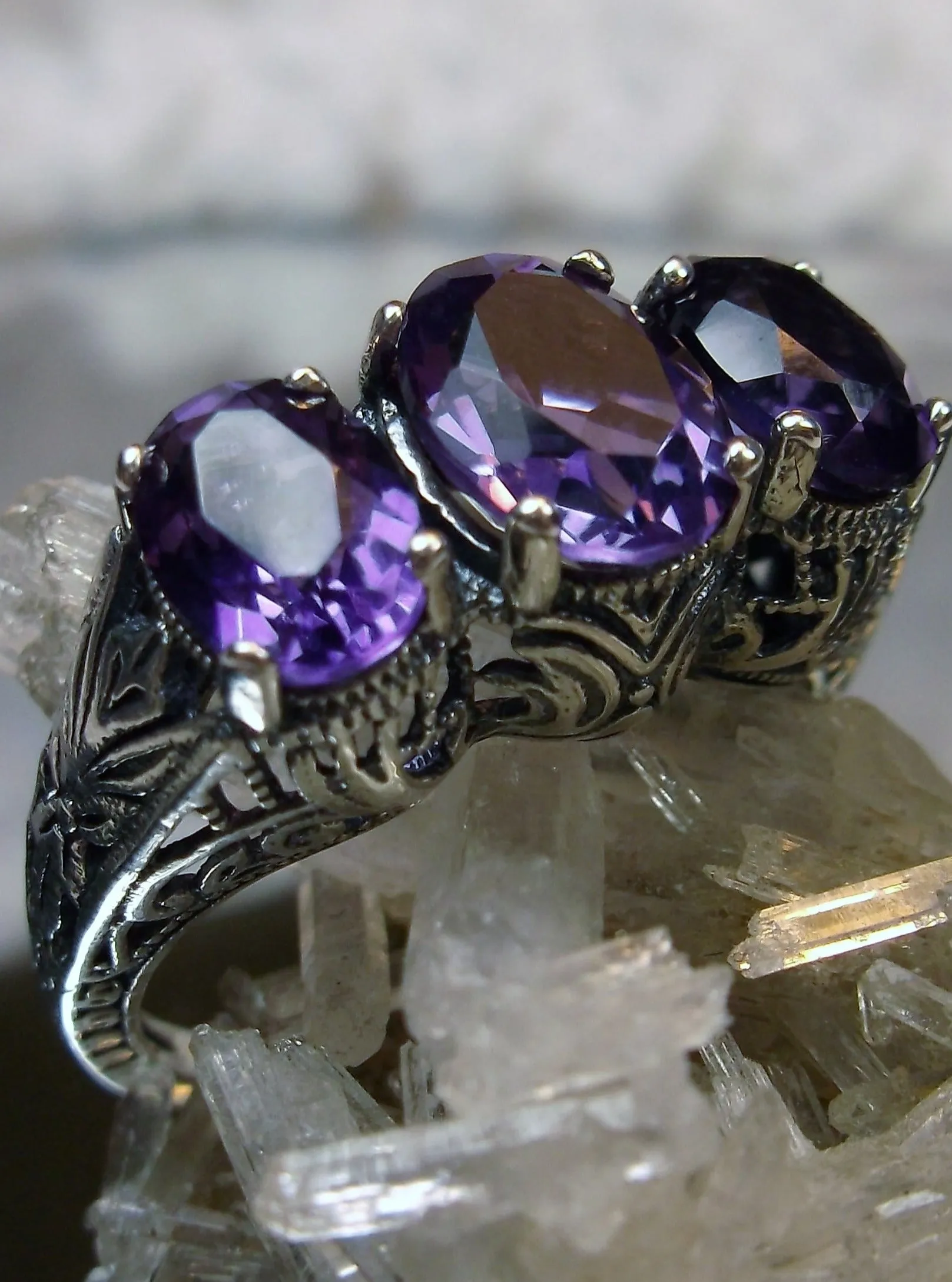 Natural Amethyst Ring, Trinity (3 Gem) Ring, Art Deco Jewelry #D41
