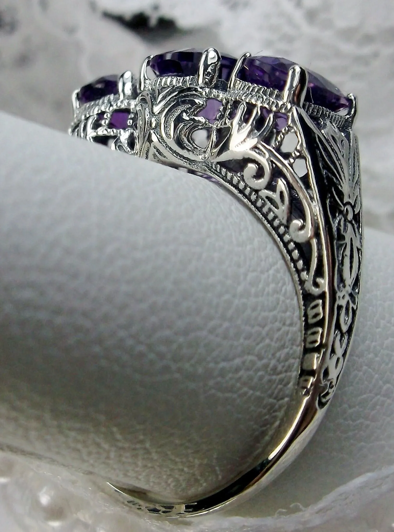 Natural Amethyst Ring, Trinity (3 Gem) Ring, Art Deco Jewelry #D41