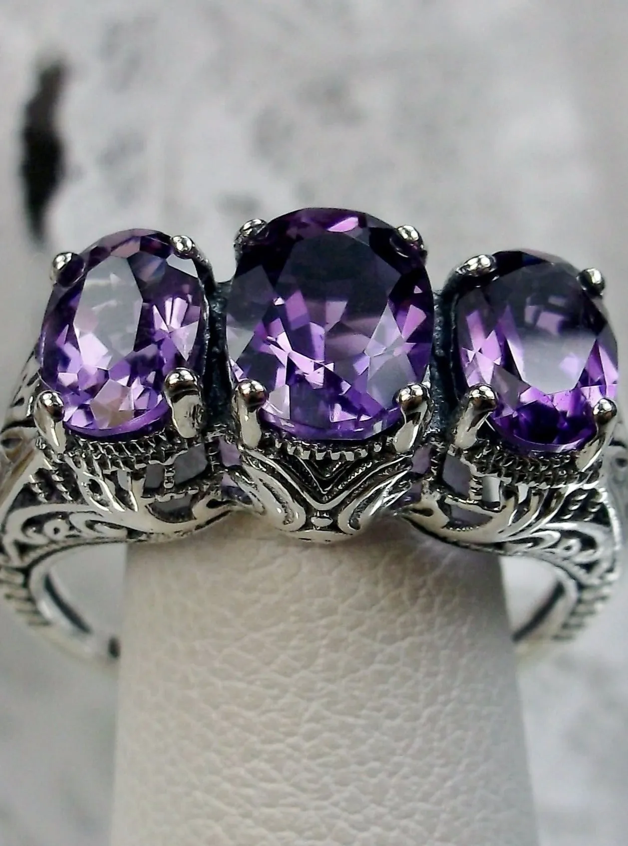 Natural Amethyst Ring, Trinity (3 Gem) Ring, Art Deco Jewelry #D41