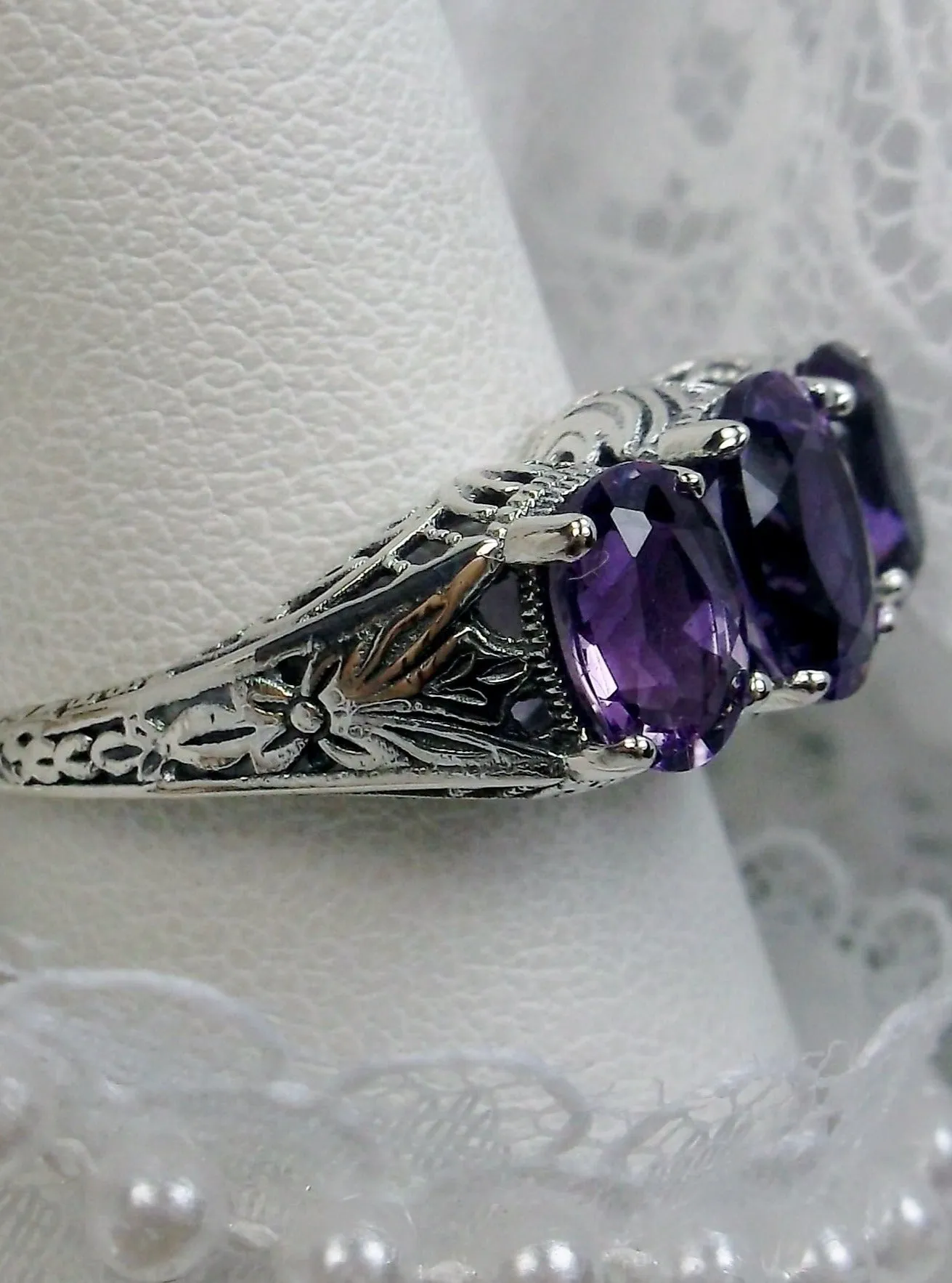 Natural Amethyst Ring, Trinity (3 Gem) Ring, Art Deco Jewelry #D41