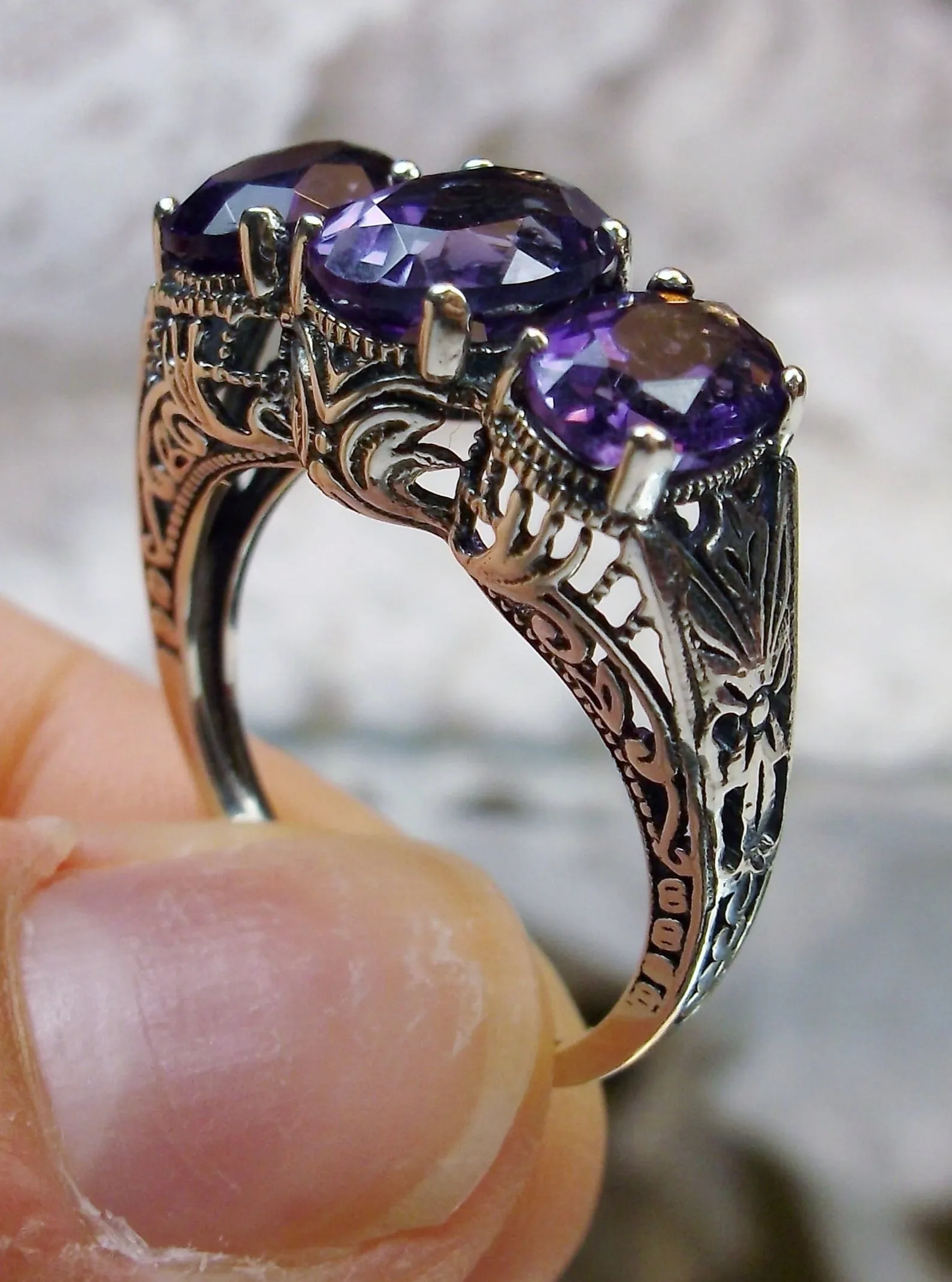 Natural Amethyst Ring, Trinity (3 Gem) Ring, Art Deco Jewelry #D41